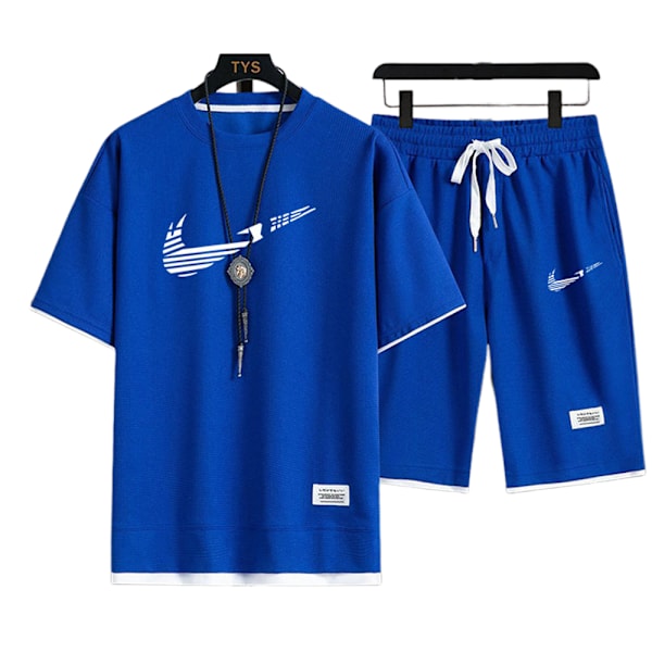 Herr Sommar Casual Kortärmad Loungewear Träningsdräkt T-shirts Shorts Aktivkläder Jogging Sportkläder Nikes Outfits Royal Blue-White M