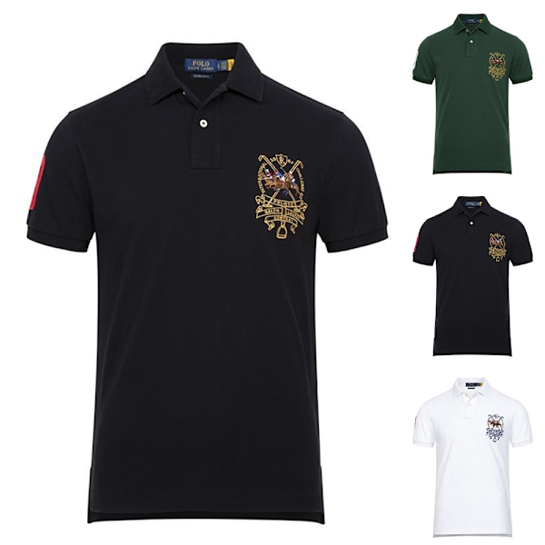 Ralph Lauren Herrarnas Solid Mjuka Andningsbara Mesh Polotröjor Slim Fit Krageknappar Kortärmade T-shirts Sommar Casual Strand Träning Tröja Black L