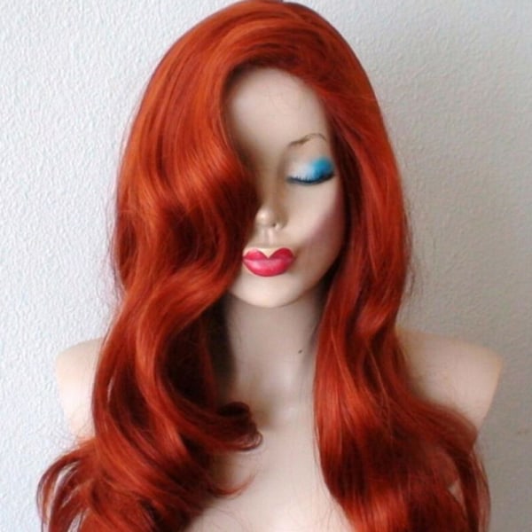 Mode kvinnor Långt orange hår Naturligt lockigt syntetiskt hår Peruker