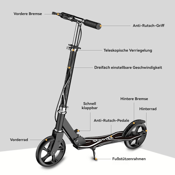 Hopfällbar sparkcykel för vuxna, justerbar höjd, med handbroms PU-hjul, present till barn