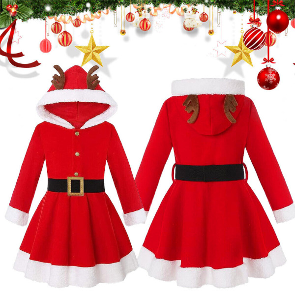 Kid Girls Älg Santa Claus Cosplay Fancy Dress Hooded Swing Dress 120CM