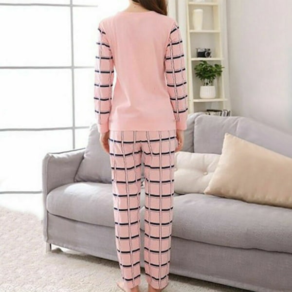 Kvinnors långärmade toppar och byxor söt tecknad nattkläder pyjamasdräkt beige bear L