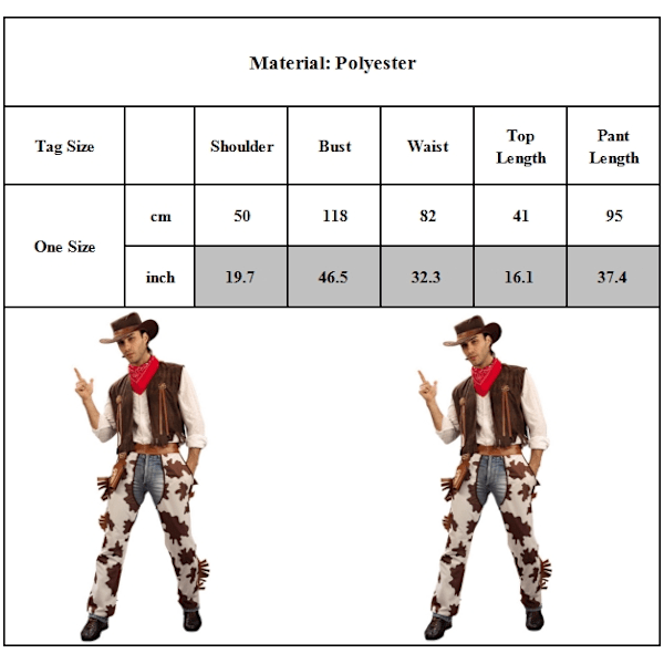 Cowboykostym för män - Vilda västern Rodeo Chaps Halloweenhatt Väst Halsduk Byxor