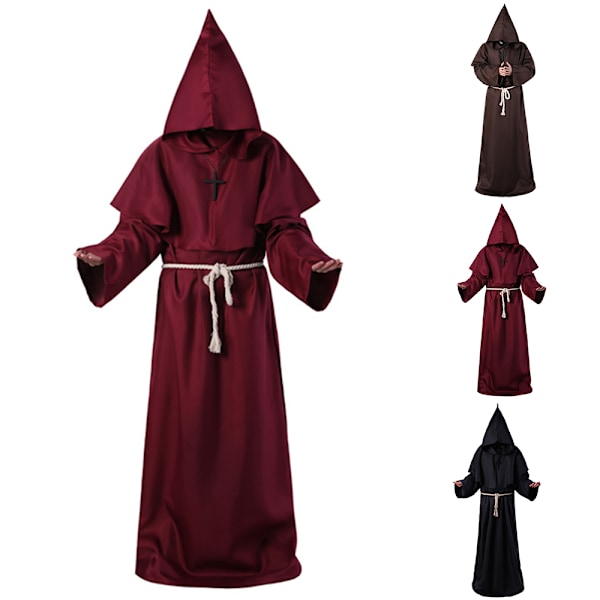 Halloween Cosplay Kostym för Vuxna - Medeltida Munkkappa, Renässansprästkappa, Trollkarl/Häxa-Kåpa Wine red M