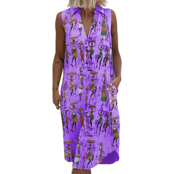 Kvinnors sexig V-ringad Vintage Print Lös ärmlös klänning Casual purple 5XL