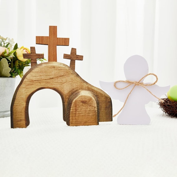 4 stk. Påske Tom Grav Jesus Dekor Tre Julekrybbe Sett Oppstandelse Religiøs Gårdshus Statue Han er Oppstanden Skilt Lagdelt Brett Ornament