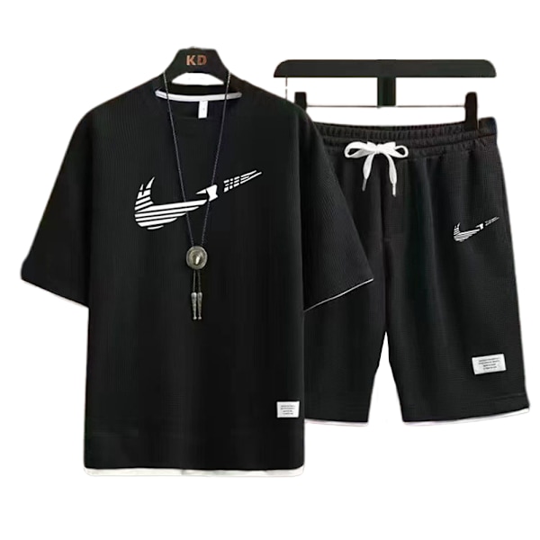 Herr Sommar Casual Kortärmad Loungewear Träningsoverall T-shirts Shorts Aktivkläder Jogging Sportkläder Nikes Outfits Black-White 2XL