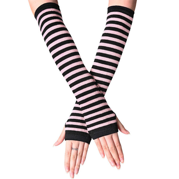 Stribede halvfingerhandsker til kvinder, elastiske, varme, til udendørs brug om vinteren Black Pink