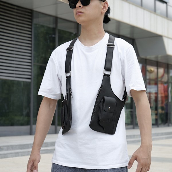 Tyverisikret Multi Pocket Taske Justerbar Læder Skuldertaske Til Mænd Skuldertaske Tyverisikret Sele Dobbelt Skulder Multi-Pocket Taske Til Camping Black