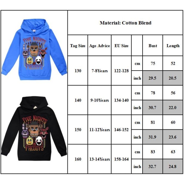 Barn Pojkar Cartoon FNAF Five Night At Freddy's Tryckt Långärmad Hoodie Pullover Hooded Jumper Sweatshirt Black 130cm