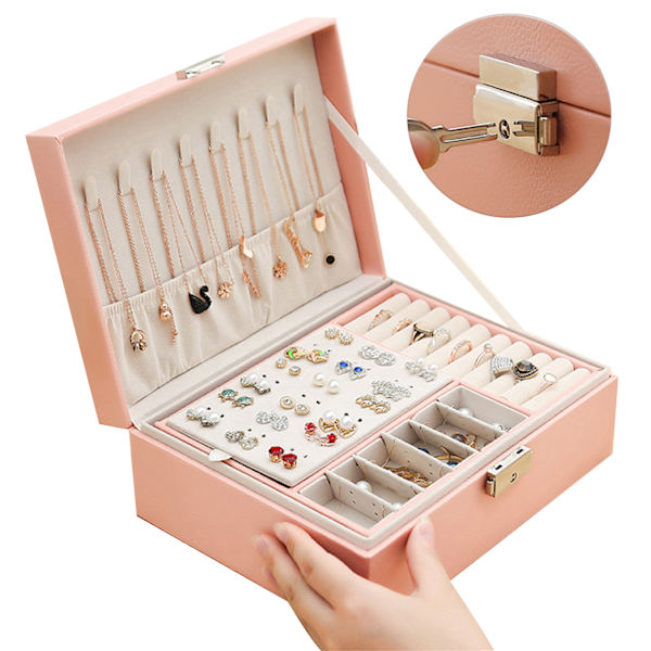 Smyckeskrin, Dubbla lager PU-läderförvaringsfodral för ringar örhängen armband halsband smyckesorganisatör presentförpackning för flickor kvinnor Pink