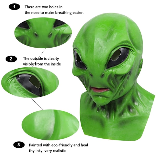 Halloween Grønn Alien Latex Maske, Autentisk Skummel Kostymemaske, Alien Hode Maske