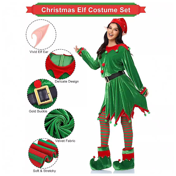 Elf Cosplay-kostym för kvinnor, komplett set för julparty, vuxna, festlig outfit L