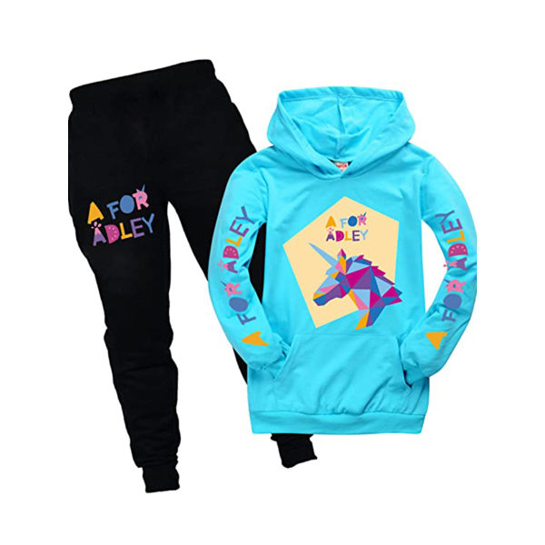 Kids A for Adley Print Träningsoverall Hoodie+byxor Sweatshirt Outfit Light blue 160cm