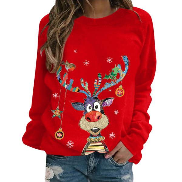 Damer Jul Älg Långärmad T-shirt Pullover Jumper Topp red XL