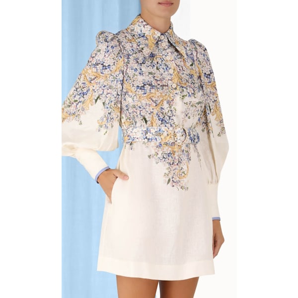 Dame Puff Erme Blomstrete Knapp Opp Krage Kort Mini Kjole Fransk Hoffstil XL