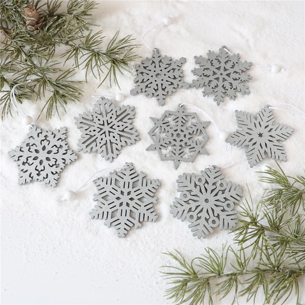 16 st julgranspynt i trä med snöflingor, hängande dekorationer, julpynt Grey