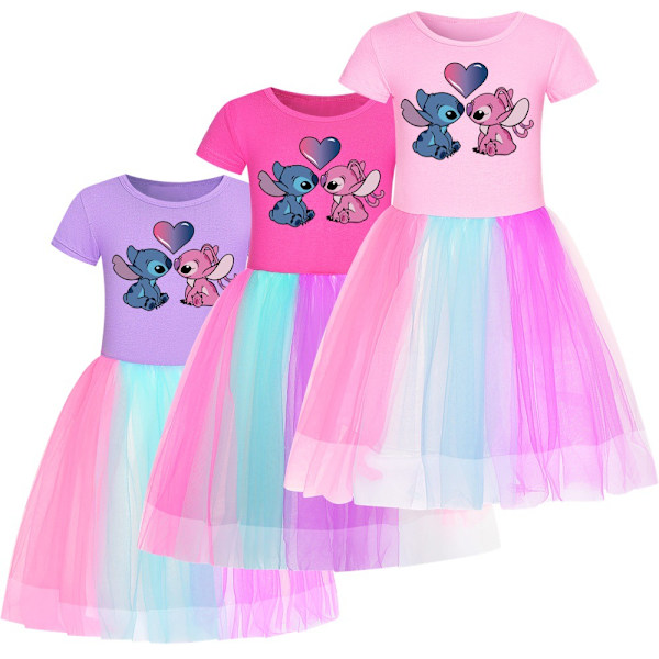 Barn Flickor Stitch Kortärmad Prinsessfestklänning Födelsedagsbalklänning Regnbågsklänningar Pink 120cm