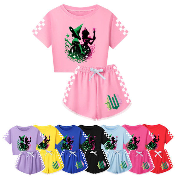 Flickor Häxa Tryck Träningsdräkt Söt Tecknad Anime Kortärmad T-shirt + Shorts Set Vardaglig Sport Outfit Kläder Rose Red 170cm