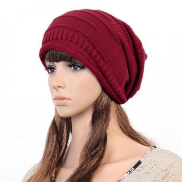Mode Varm vinter Kvinnor Basker Flätad Stickad Beanie Hat Ski Cap Red