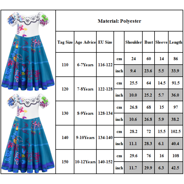 Kids Girl Encanto Mirabel kostymklänning Cosplay Princess-kjolar 110cm