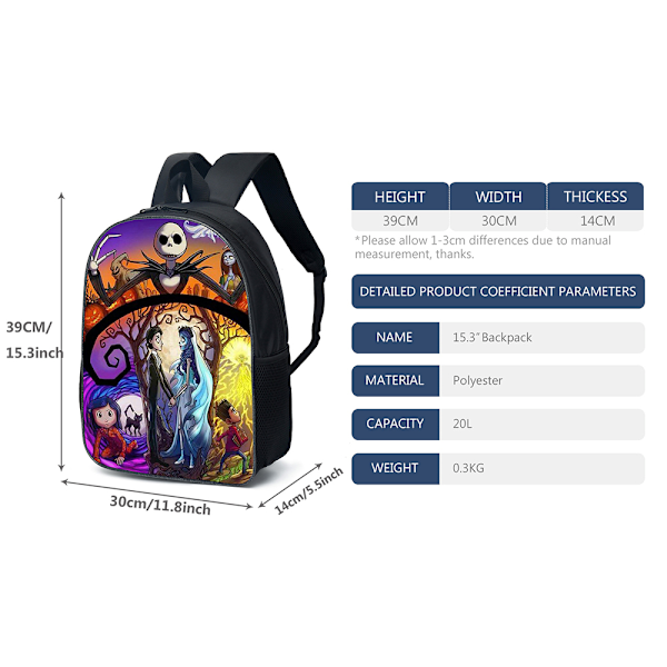 The Nightmare Before Christmas Print Rygsæk Skole Skuldertaske Rejse Rygsæk Laptop Skoletaske Piger A