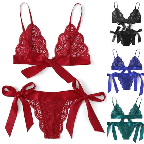2 st Kvinnors sexiga underkläder Spetsband BH & G-string trosor Nattkläder Red M