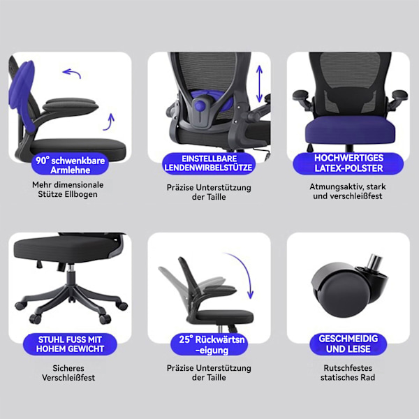 Kontorstol med 3D-pude, drejestol, direktørstol, ergonomisk gamingstol, med åndbart netbetræk, sammenklappelige armlæn, lændestøtte Black