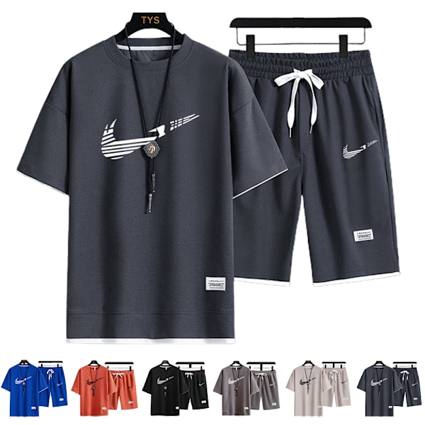 Herr Sommar Casual Kortärmad Loungewear Träningsoverall T-shirts Shorts Aktivkläder Jogging Sportkläder Nikes Outfits Brown-White L