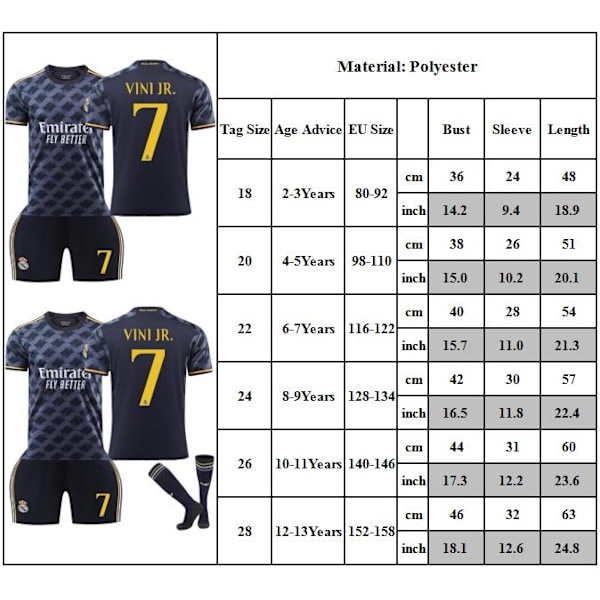 Fodboldtrøjesæt til børn, 23-24 Real Madrid udebanetrøje nr. 7 VINI JR. Fodboldtræningsuniform 18