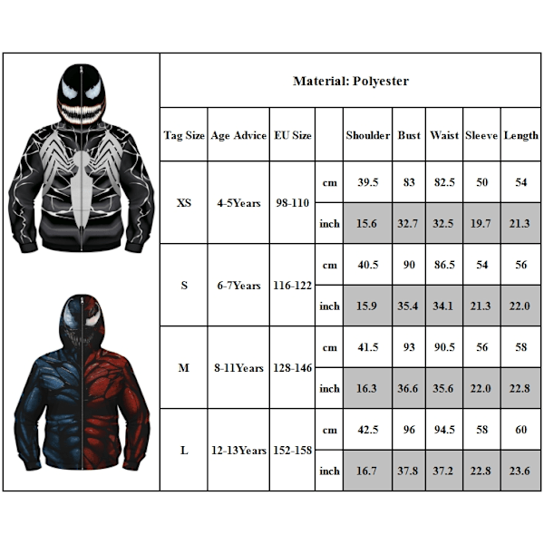 Barn Pojkar Full Zip Hoodie Coat Venom 3D Print Cartoon Hooded Jacka Sweatshirt Blue Red S