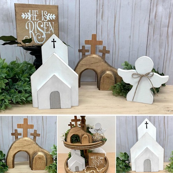 4 st Påsk Tom Grav Jesus Dekor Trä Julkrubba Set Uppståndelse Religiös Bondgård Staty Han är Uppstånden Skyltar Våningsbricka Ornament