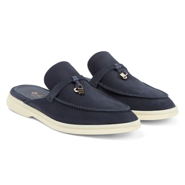LORO PIANA Charms Walk Utsmyckade Mockamules Tofflor Dark Blue 43