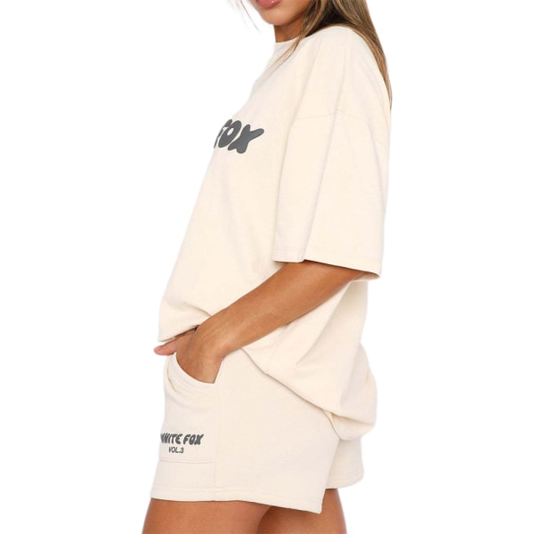 Dam Vit Fox Print T-Shirt Shorts Loungewear Casual Träningsoverall Set Apricot color M