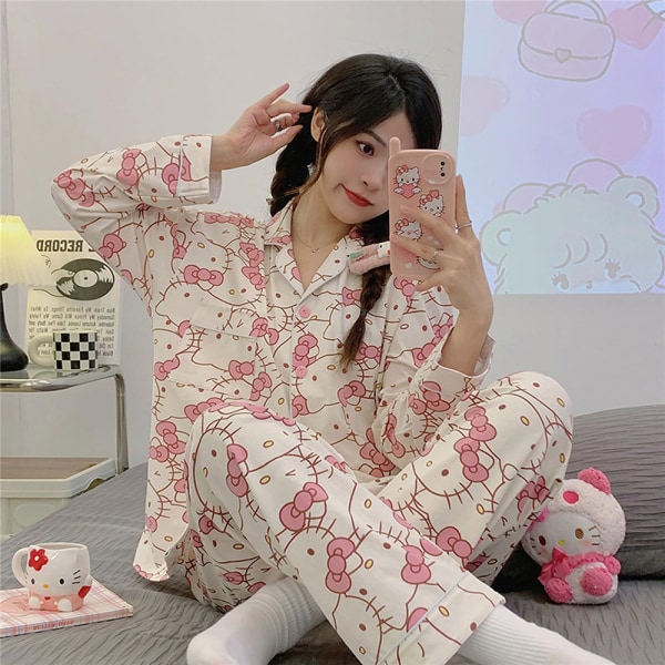 Kvinnors tecknade pyjamas set nattkläder långärmad skjorta byxor L