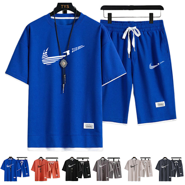 Herr Sommar Casual Kortärmad Loungewear Träningsoverall T-shirts Shorts Aktivkläder Jogging Sportkläder Nikes Outfits Royal Blue-White 2XL