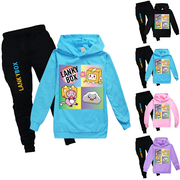 Barn Pojke Flicka LANKYBOX Tryck Hoodies Byxor Casual Träningsoverall Set Light blue 120cm