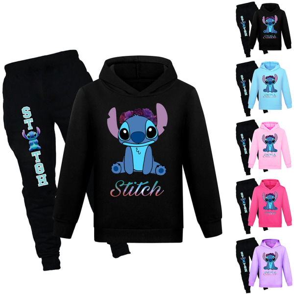 Lilo och Stitch Barn T-shirt Hoodie Byxor Träningsoverall Set Outfit black 140cm