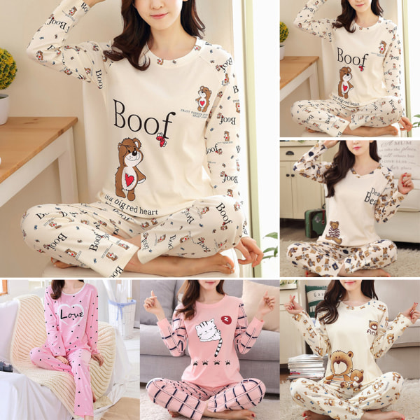 Kvinnors långärmade toppar och byxor söt tecknad nattkläder pyjamasdräkt care bear L