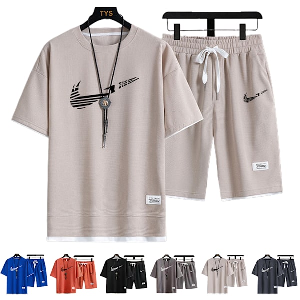 Herr Sommar Casual Kortärmad Loungewear Träningsoverall T-shirts Shorts Aktivkläder Jogging Sportkläder Nikes Outfits Khaki-Black XL