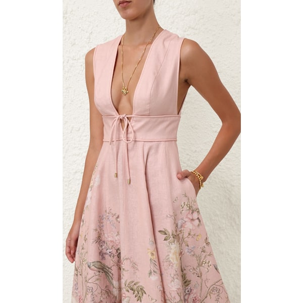 Dame V-hals Boho Blomstret Ærmeløs Midi Kjole Strand Sommer Ferie Sommerkjole Pink M