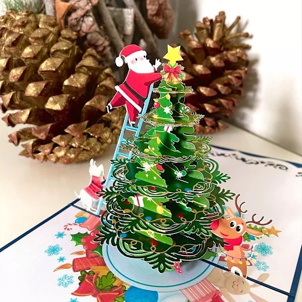 Julemand der pynter juletræ 3D Pop op kort Overraskelse Julehilsen kort