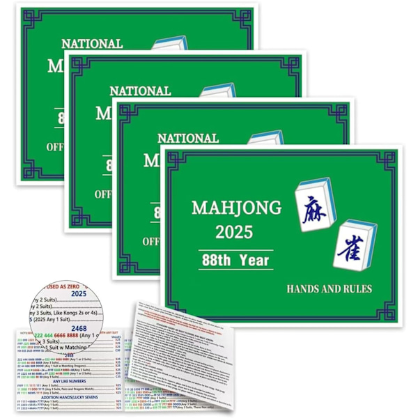 Mahjong-kortit 2025, suuret Mah jongg -kortit 2025, standardikädet ja -säännöt - 4 kpl (vihreä) 4PCS