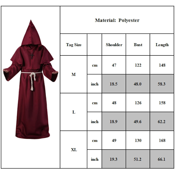 Aikuisten Halloween Cosplay -asu Keskiaikainen Hupullinen Munkinkaapu Renessanssipappi Kaapu Velho Noita Viitta Wine red M