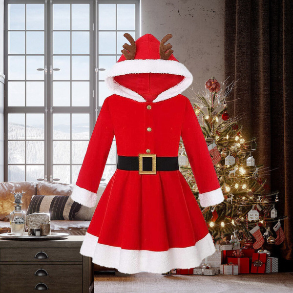 Kid Girls Älg Santa Claus Cosplay Fancy Dress Hooded Swing Dress 130CM