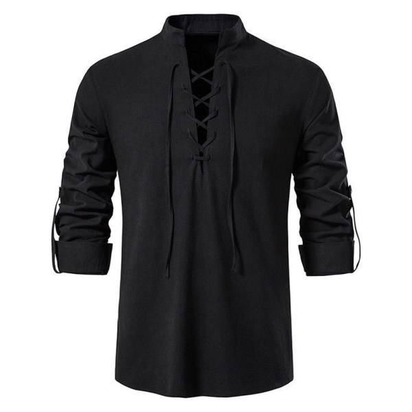 Pirat-tröja med snörning för män långärmad T-shirt med ståkrage black 2XL
