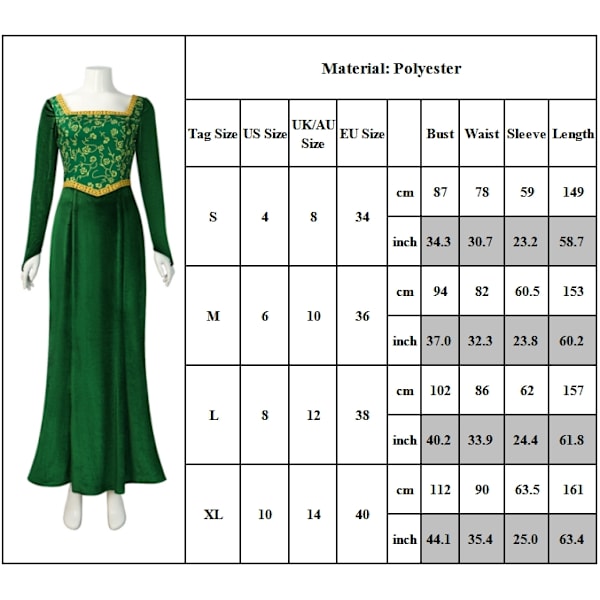 Prinsessan Fiona Kostym Shrek Cosplay Klänning Halloween Maskeraddräkt Outfit Kvinnor L