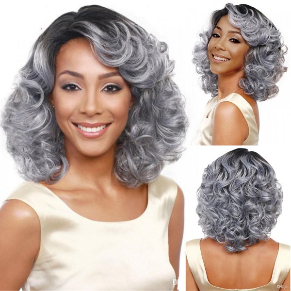 Kvinnor Ombre grå kort lockigt vågig peruk Värmebeständigt hårstycke