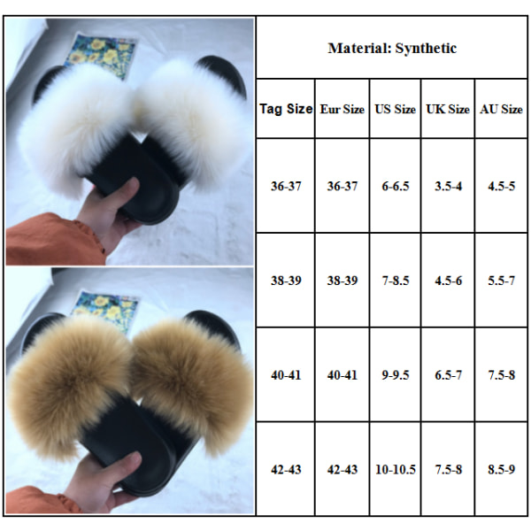 Kvinnor Furry Slide Faux Fur Tofflor Plysch Sandaler Utomhus Indoor Black faux fox 42-43