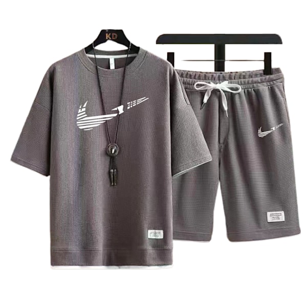 Herr Sommar Casual Kortärmad Loungewear Träningsoverall T-shirts Shorts Aktivkläder Jogging Sportkläder Nikes Outfits Brown-White 2XL